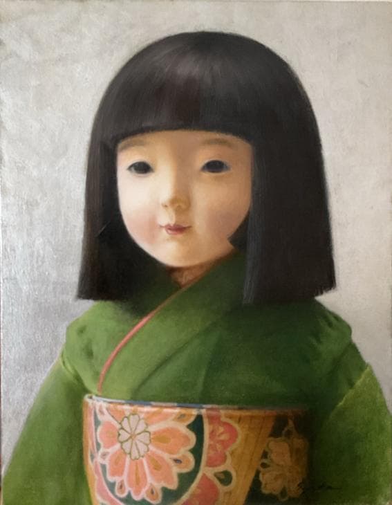 ❤️新作 油絵菅家令子絵画インテリア額(青緑＋金色枠)F6-010626市松人形