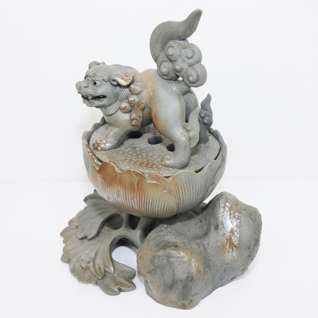 青備前 獅子牡丹香炉 備前焼三名工 西村春湖 作 伊部 備前