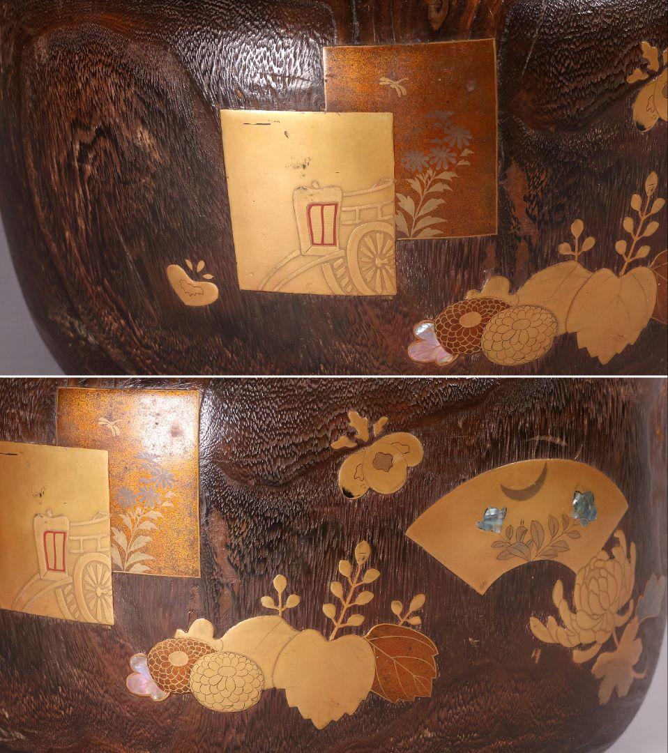 尺参 桐火鉢 金蒔絵 螺鈿細工 幅38.8cm 桐紋 菊 草花 扇面【MB31】