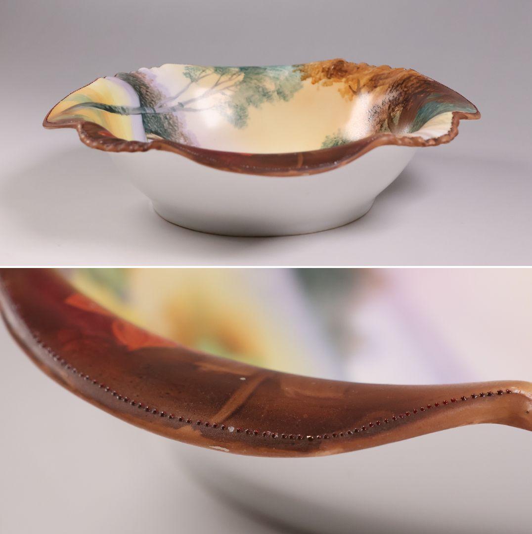 【CM309】オールドノリタケ 風景 薔薇 皿 鉢 幅21.8cm 湖畔 明治