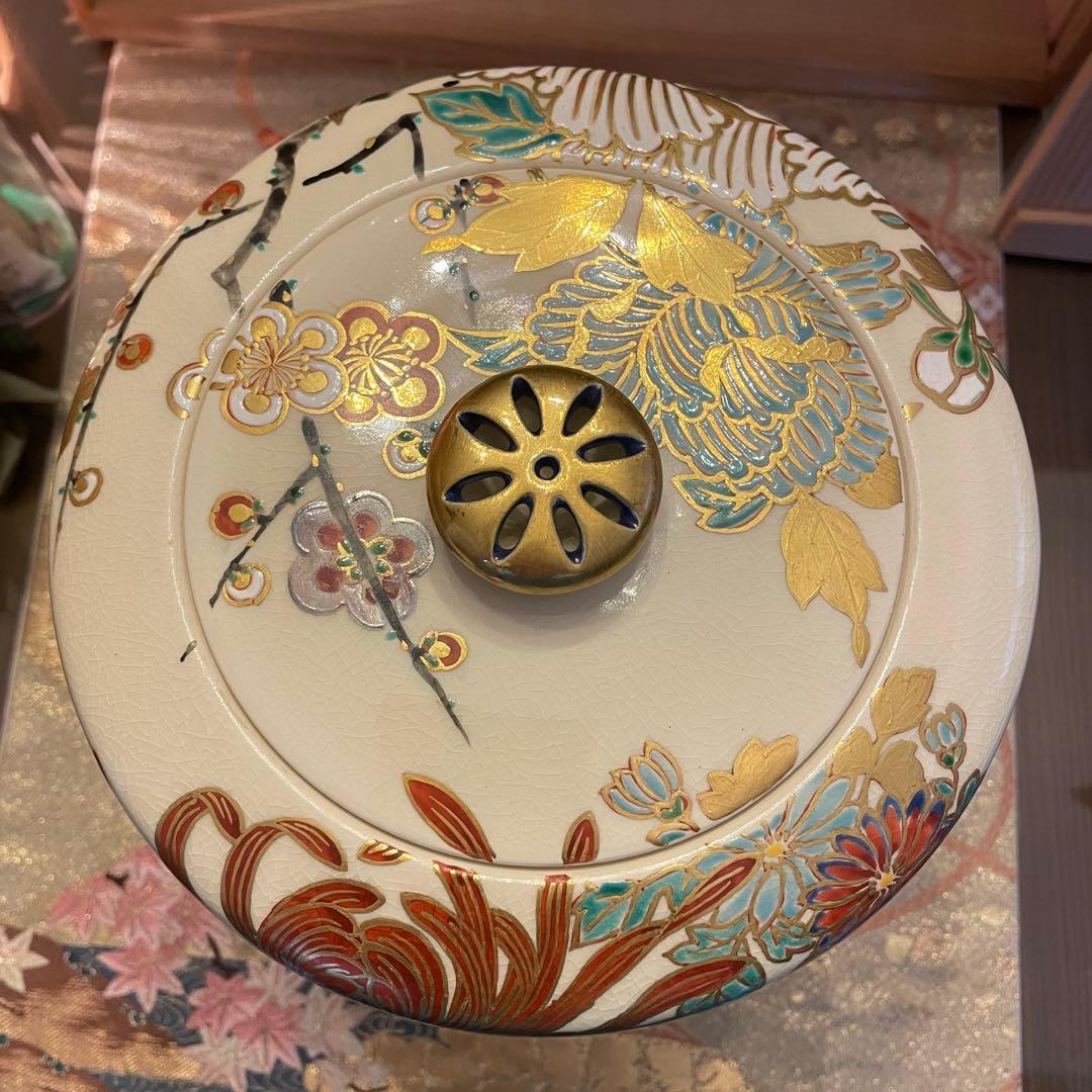 新品　豪華　京焼　仁清写　通次崇山造　色絵金彩　牡丹模様　皆具　茶道具