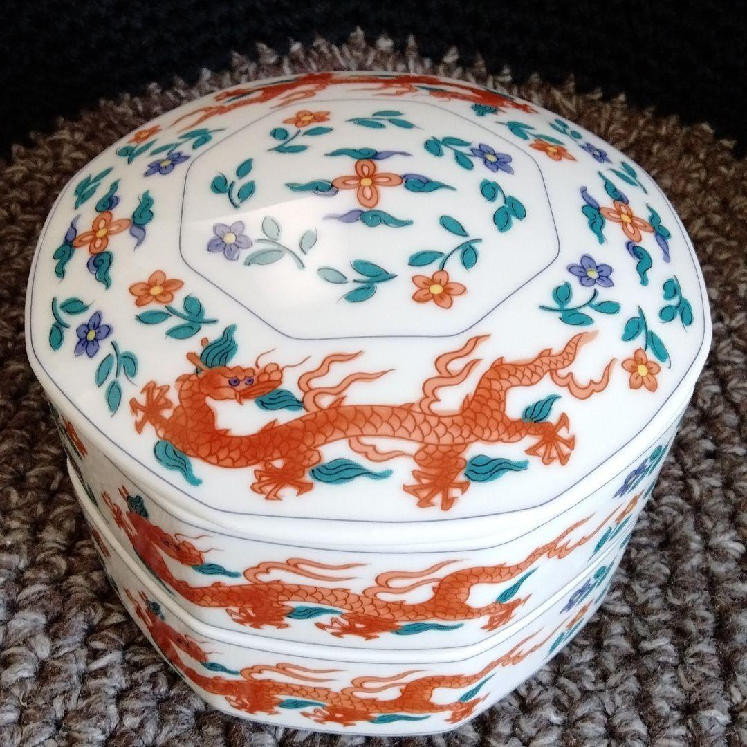 最終値下げ　中国骨董　旧蔵唐物陶磁器赤絵細工龍雲紋八角型二段重箱在銘希少珍貴新品