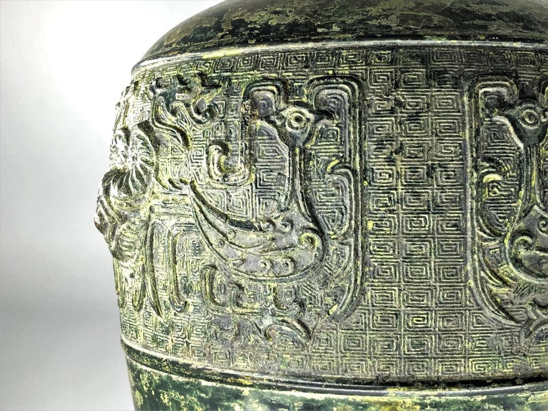 【 高岡銅器製浜物　花生 】　倣中国古代鳳文銅壺　江戸末頃