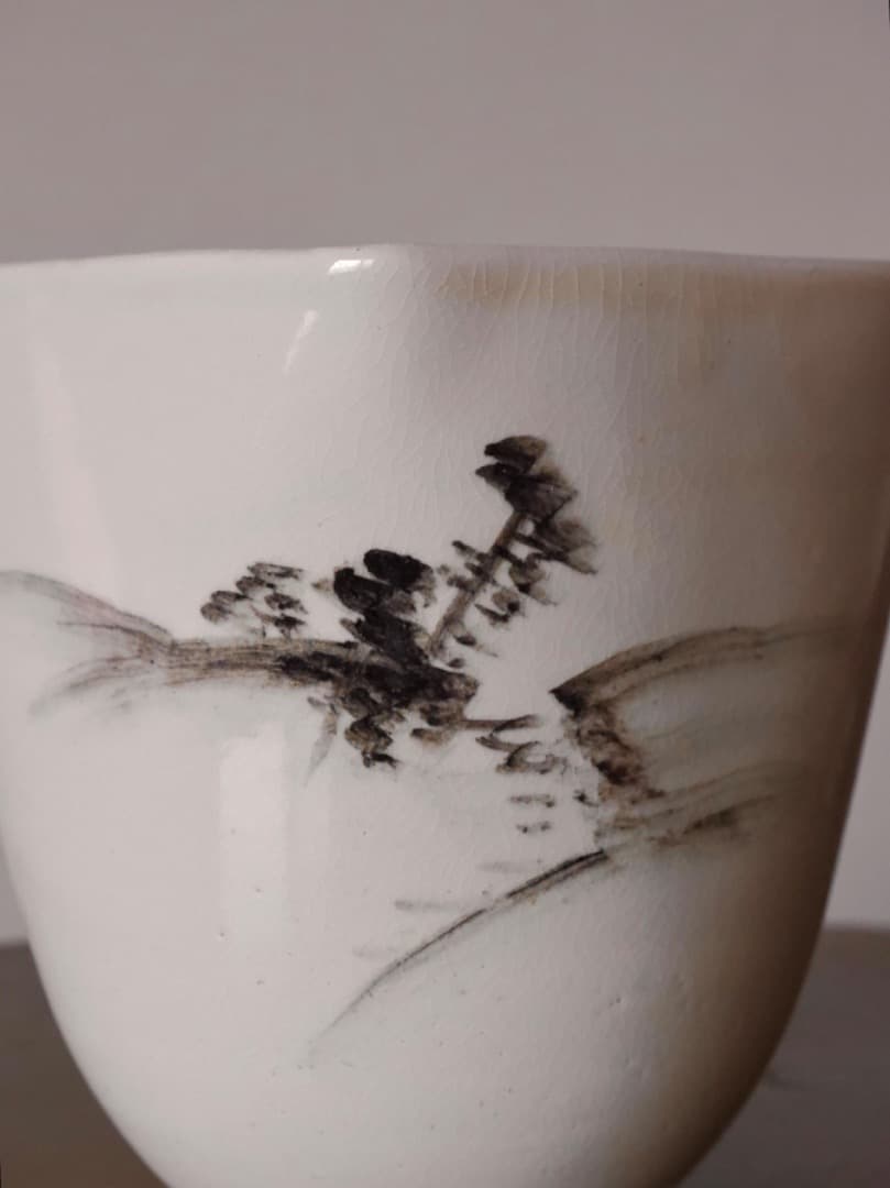 阿漕窯　水墨色絵　水指　陶磁工芸　箱付　資料付　茶道具Q2344