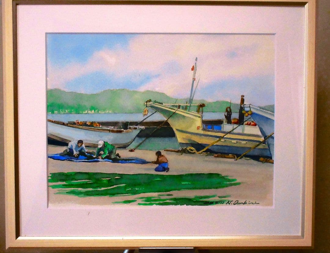 水彩画 漁船と漁師 額装済み F6サイズ