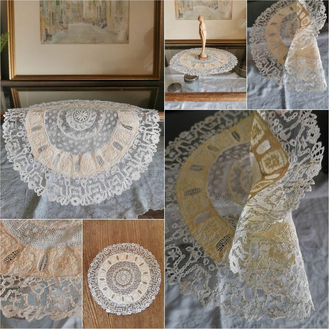 アンティーク フランス ノルマンディーレース ブリュッセルアップリケ＆ガロン刺繍