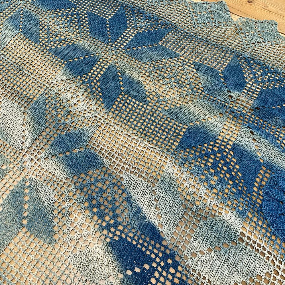 希少 特大 アンティーク ヴィンテージ 藍染め レース クロス カバー フランス