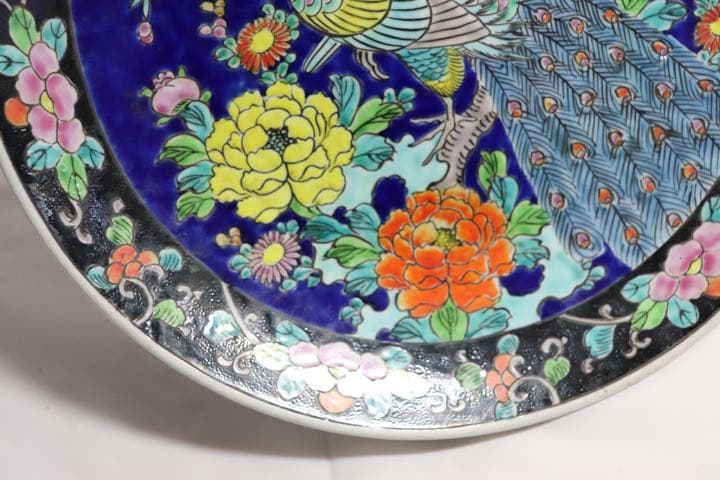 時代　粉彩大皿　孔雀牡丹　送料込み1124