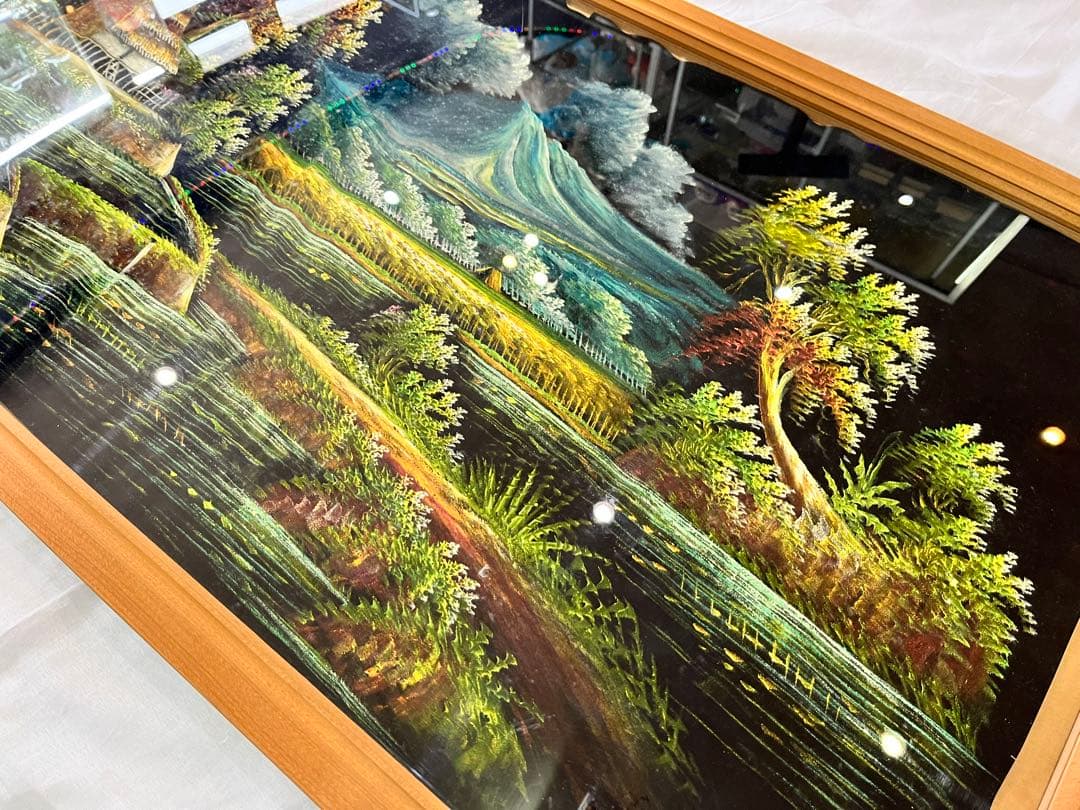 【アンティーク】額縁 額装 絵画 大きめ 木枠 風景画 草木 山 川 田舎 油絵