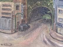 【真作】絵画　油彩6号　アーチのある街角風景　都市の小路と緑の丘　Y177