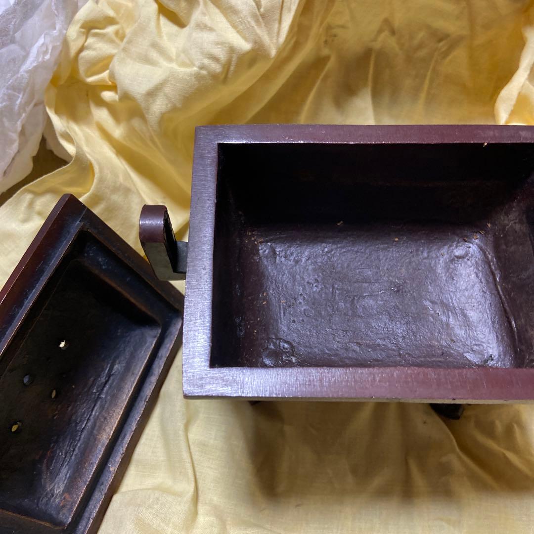 箱付き　高岡銅器　米田陵山作　鋳銅　獅子摘　四方香炉
