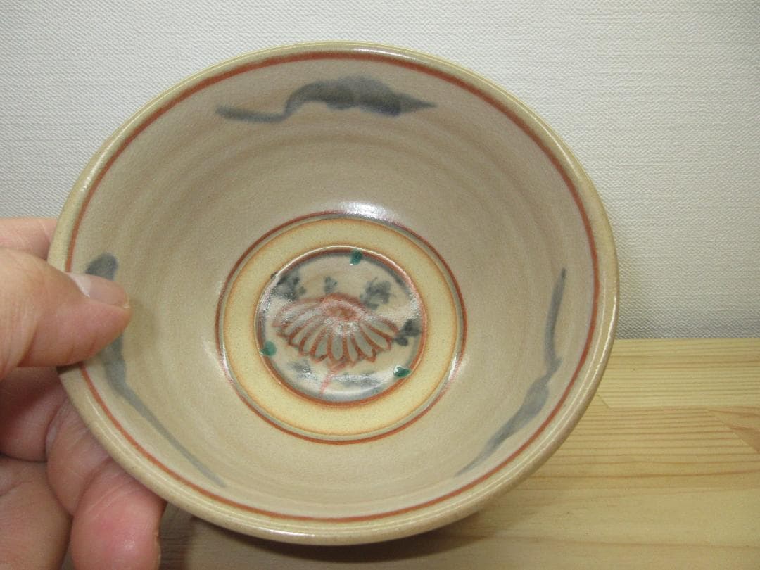 送料込【逢絢亭】茶道具 茶碗 京焼 紅安南写 菊の絵 花蝶窯 手塚石雲 共箱入り