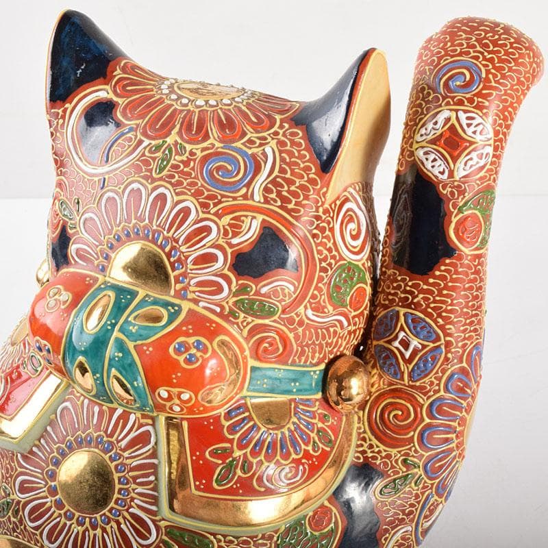 とらさん　九谷焼　色絵金彩　招き猫　置物　縁起物　在銘　F　R4990B