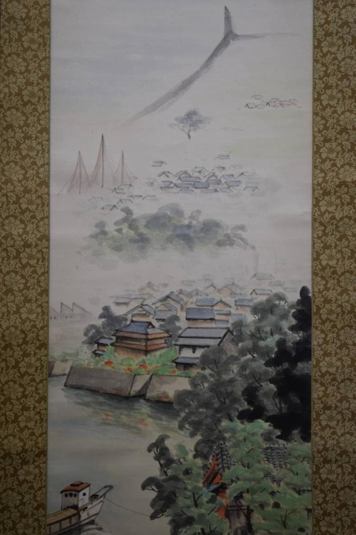 真作/服部黙耕/桑名住吉浦佳景図/桐題箱付/布袋屋掛軸HE-373