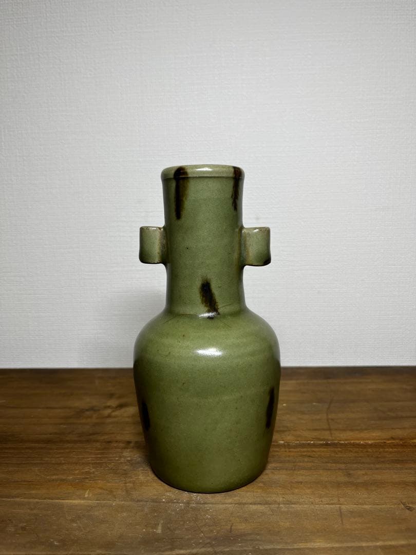 明時代　龍泉窯　飛青磁双耳花入　明　元