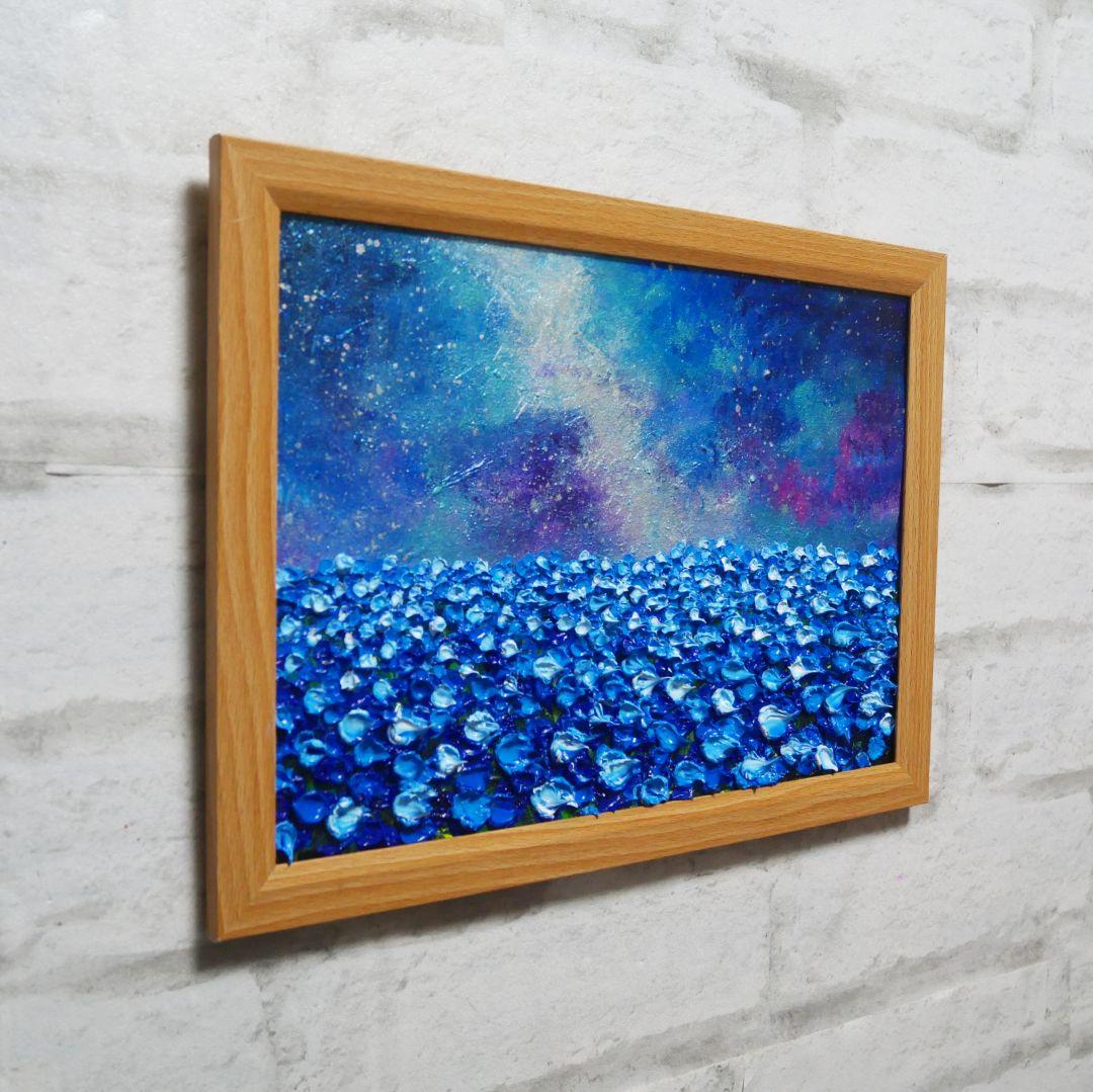 油絵 油彩 油彩画 絵 絵画【ネモフィラの田んぼに輝く天の川】