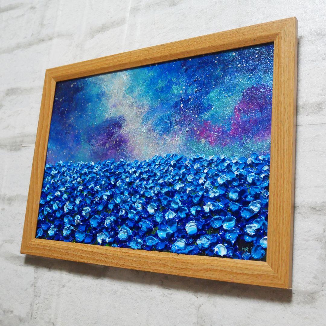油絵 油彩 油彩画 絵 絵画【ネモフィラの田んぼに輝く天の川】