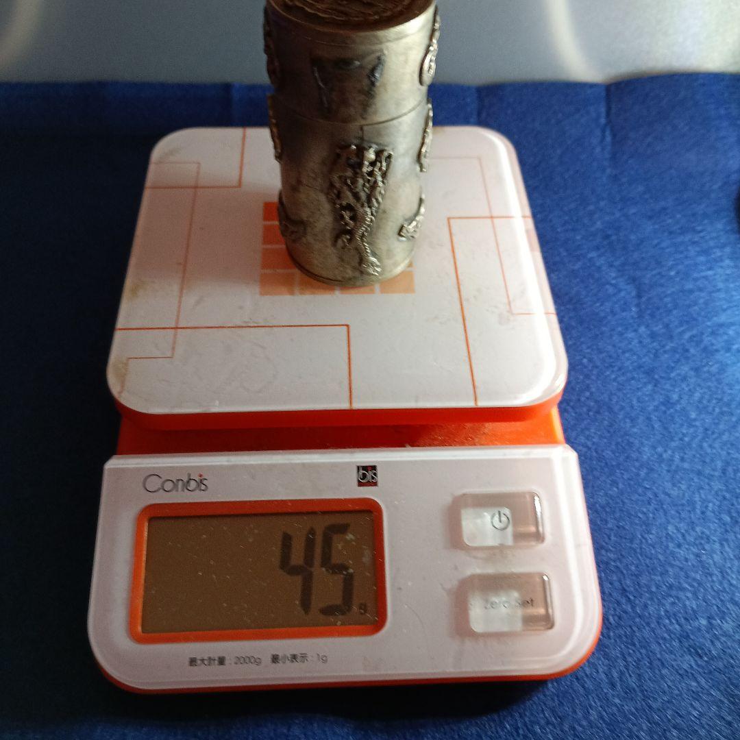 足銀?金属製彫刻装飾円筒形収納容器 45㌘