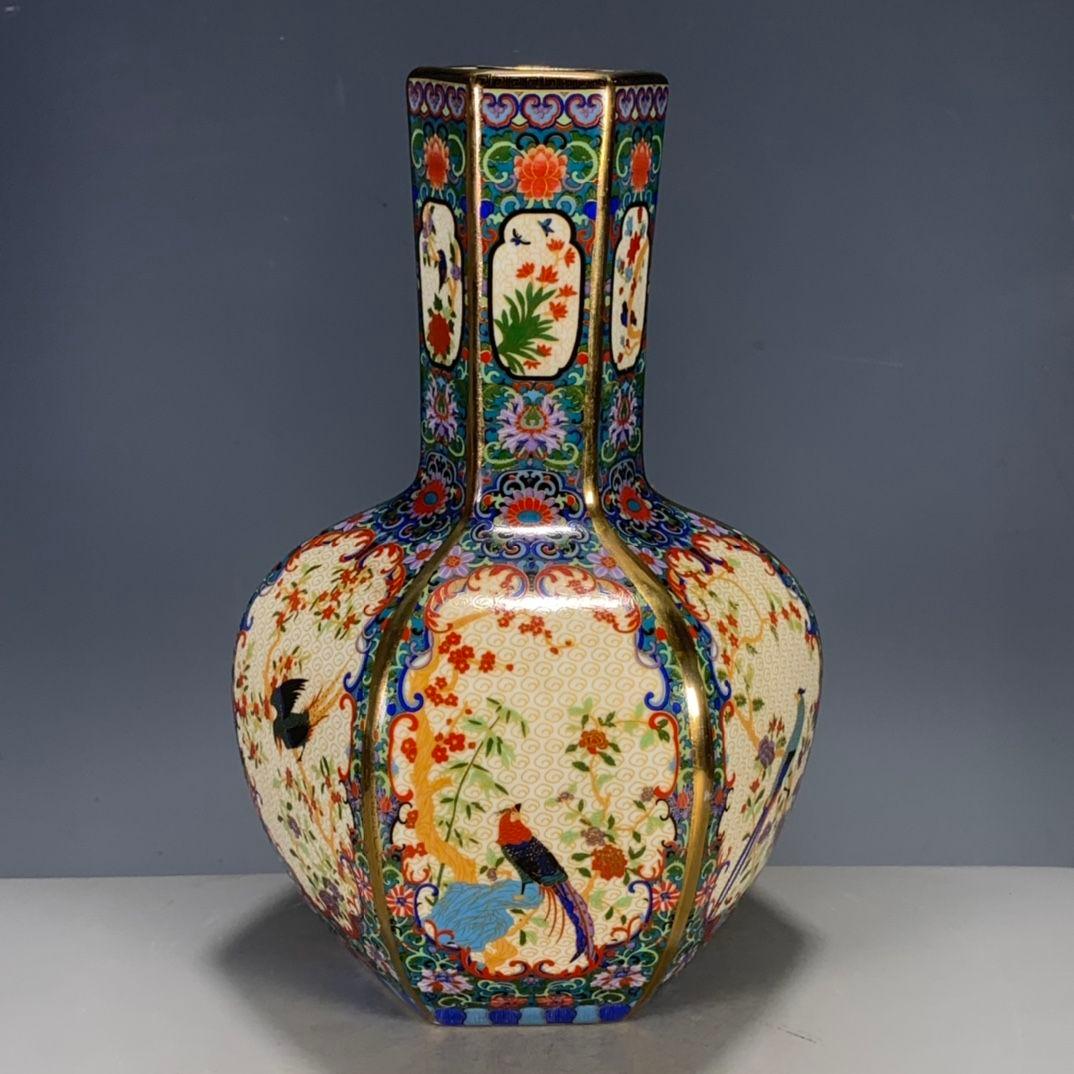 清代雍正粉彩蒔金花鳥多稜天球瓶  景徳鎮 陶磁器 装飾品 工芸品 美術品 置物