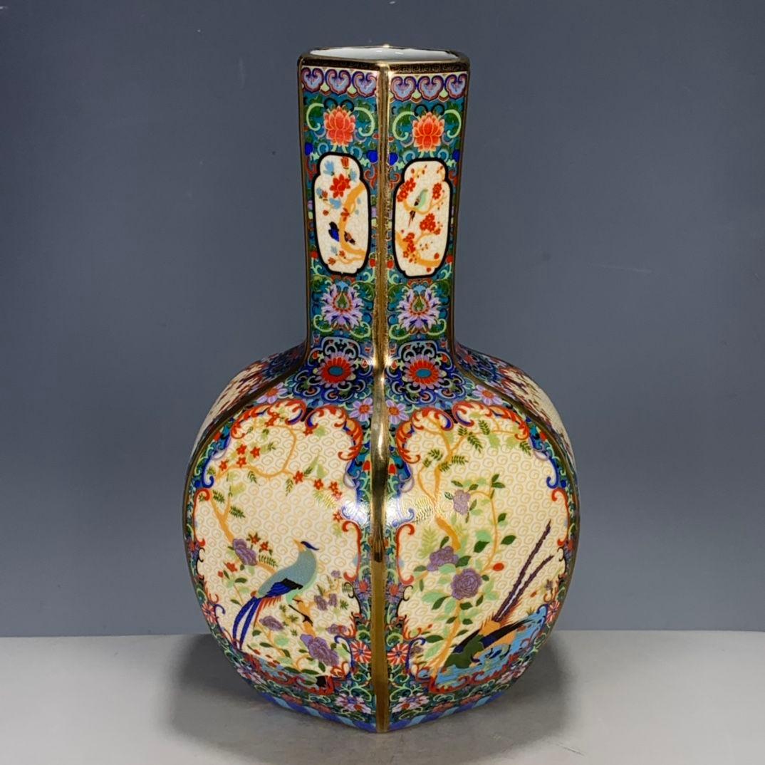 清代雍正粉彩蒔金花鳥多稜天球瓶  景徳鎮 陶磁器 装飾品 工芸品 美術品 置物