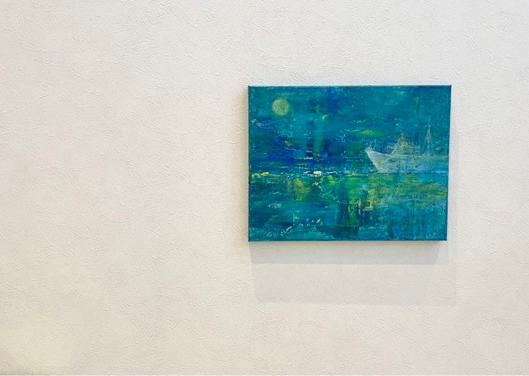 265 抽象画 アクリル画 原画 キャンバスボード F6 満月と哀愁の漁船