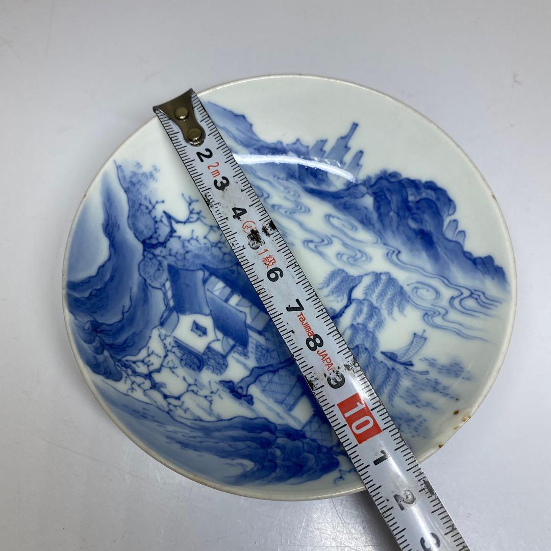 江戸中後期　極上手鍋島焼染付山水風景画皿　木箱付　本Y7-0331☆1Fタニト