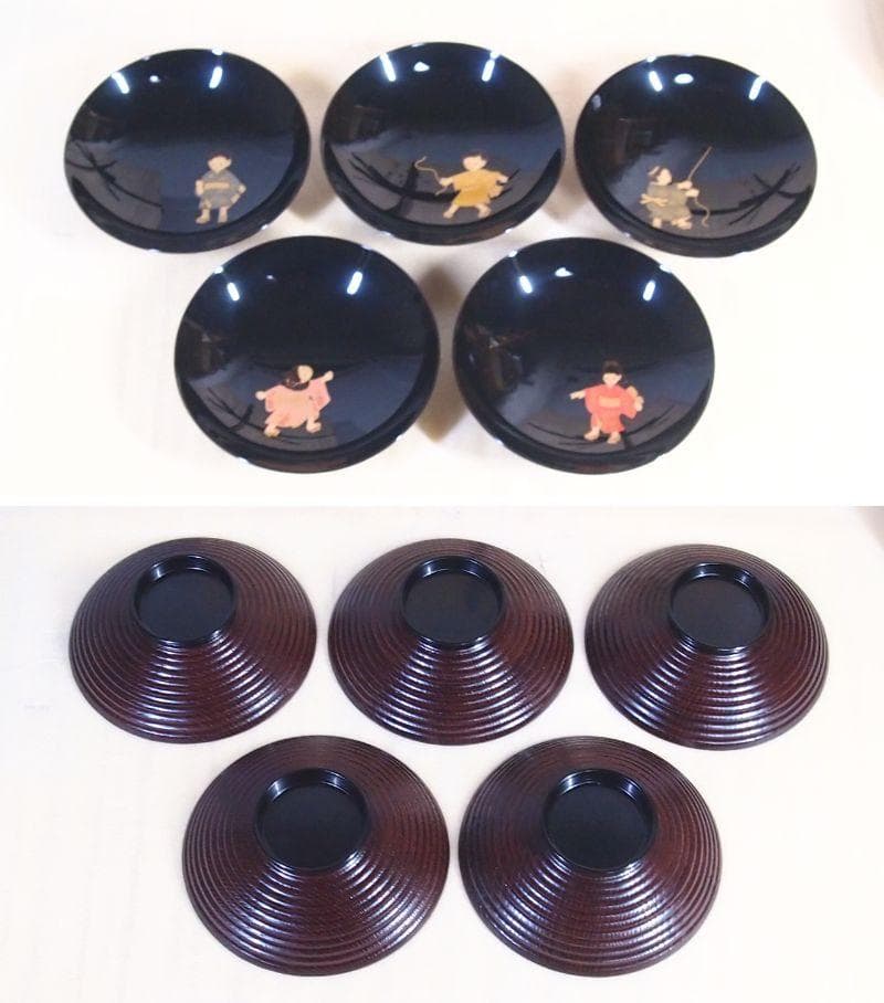【未使用】輪島塗 童蒔絵 煮物椀 5客 千筋木地呂塗 雑煮椀/大椀 信斎/松斎