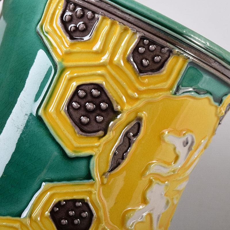 茶道具　谷口登志雄　菁嵐作　青交趾　鶴亀　蓋置　共布共箱　V　7866