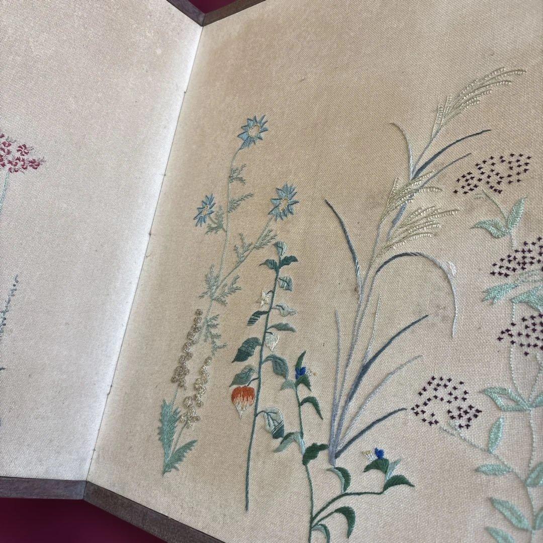 衝立　仕切り　枕屏風　花柄刺繍　アンティーク　骨董　送料込み