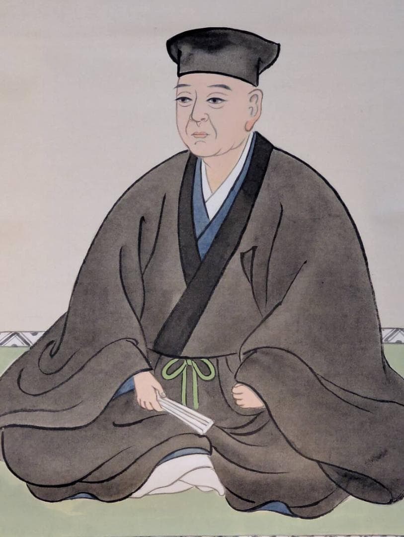 【真作】掛軸　細合喝堂　利休座像　人物肖像画賛　共箱入　U155