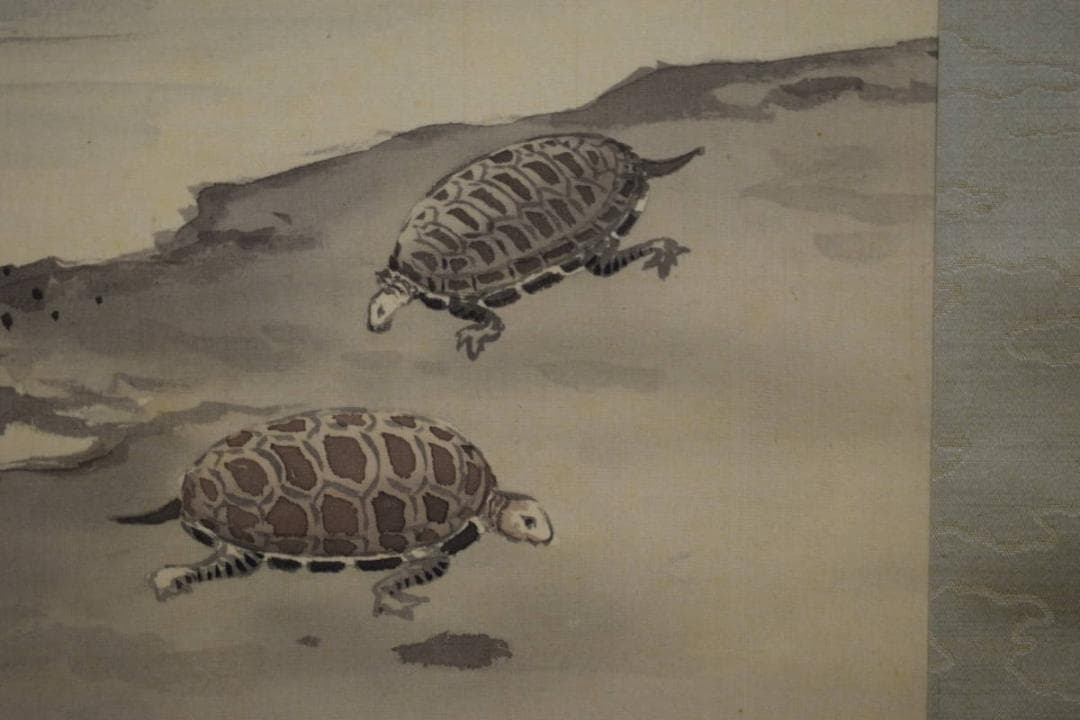 真作/石野龍山/山水屋形舟図/絹表装/双幅/布袋屋掛軸HH-877
