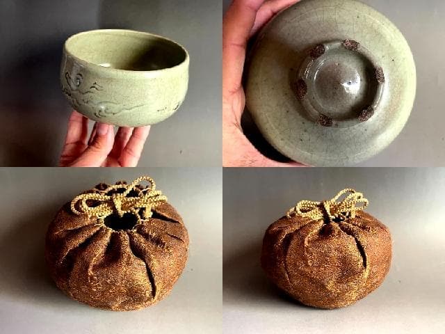 茶碗■李朝雲鶴古青磁碗 象嵌鶴雲文 時代箱仕覆付 お茶道具 時代物 骨董品■