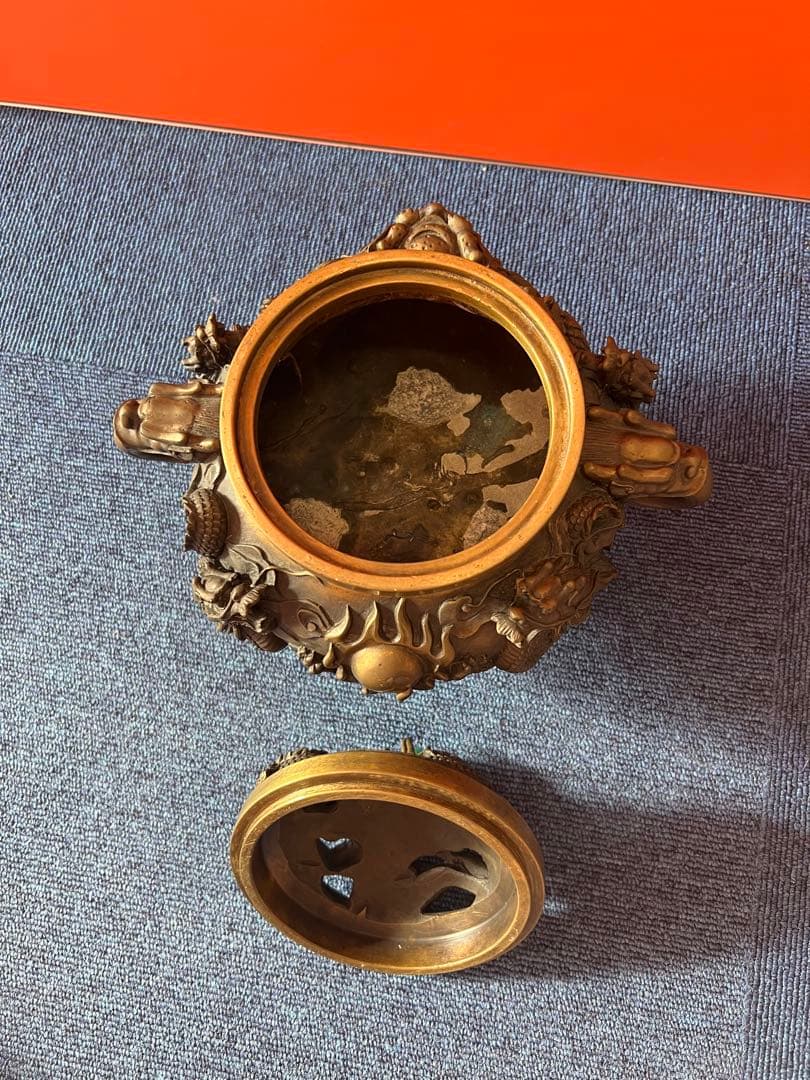 1488  中国骨董　大明宣徳年製銘　九轉乾坤爐　龍文香炉　翡翠　時代物　工芸品