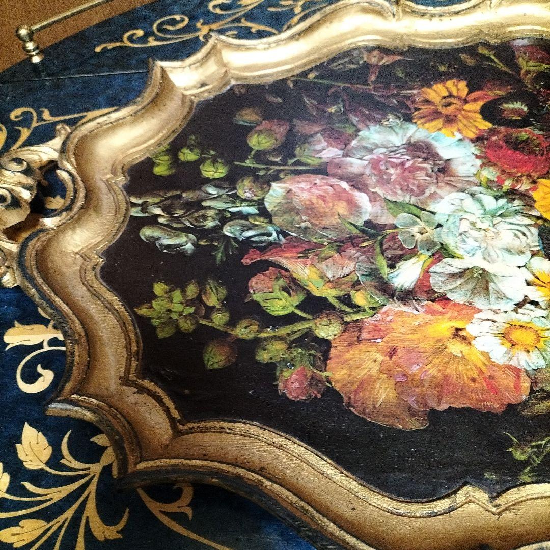 イタリア製　木製花の絵画 トレー　お盆　装飾的フレーム付き
