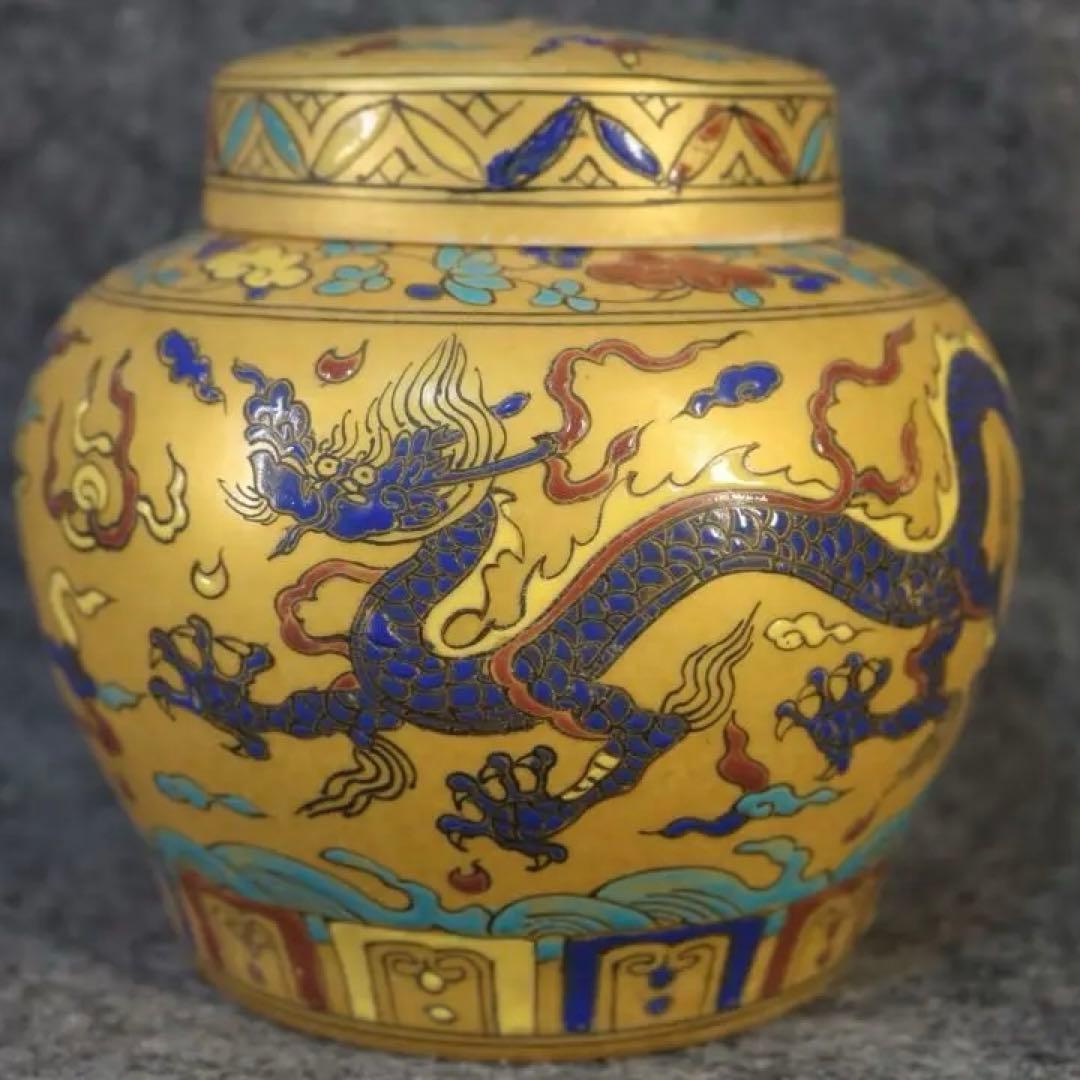 古美術　大明成化時代　文房具　置物　描金海水龍紋　茶葉罐　天字罐　縁起物