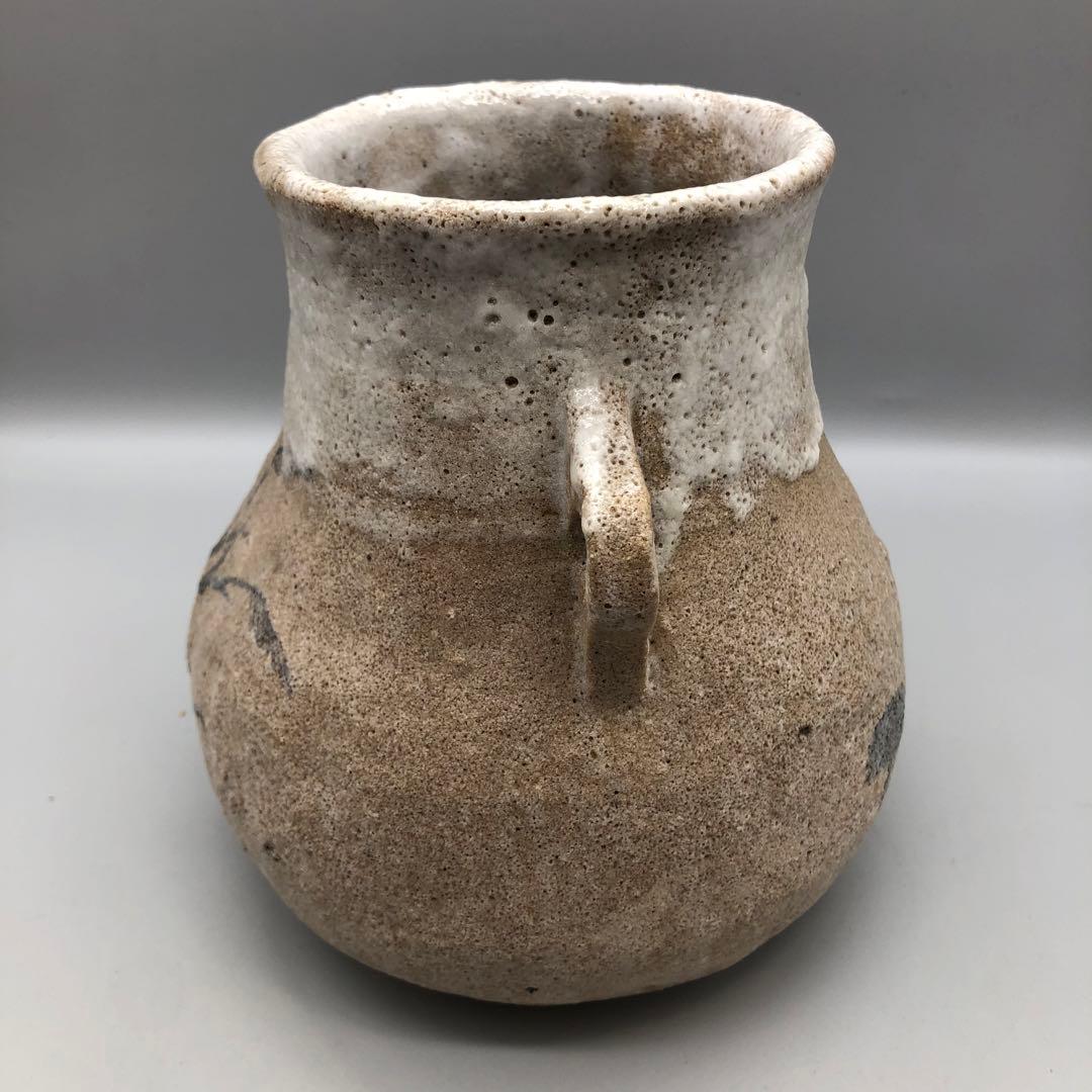 木箱入り未使用鳥鷺さぎ絵耳付き双耳陶釜陶器花器ツボ壺型花瓶花生け華道具骨董品
