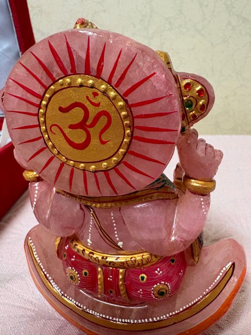 インド購入ローズクォーツガネーシャ像 約15cm天然石、専用箱付き