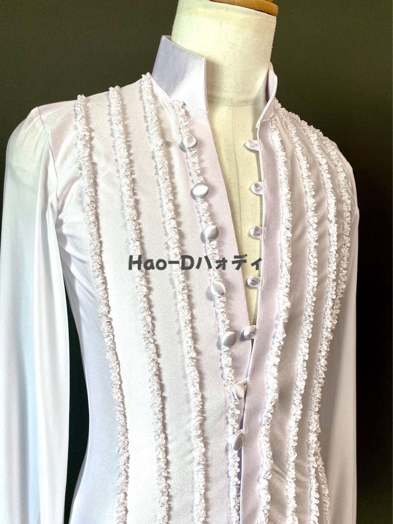 社交ダンス★新品★メンズシャツ★ラテン★立体フリル★白M★