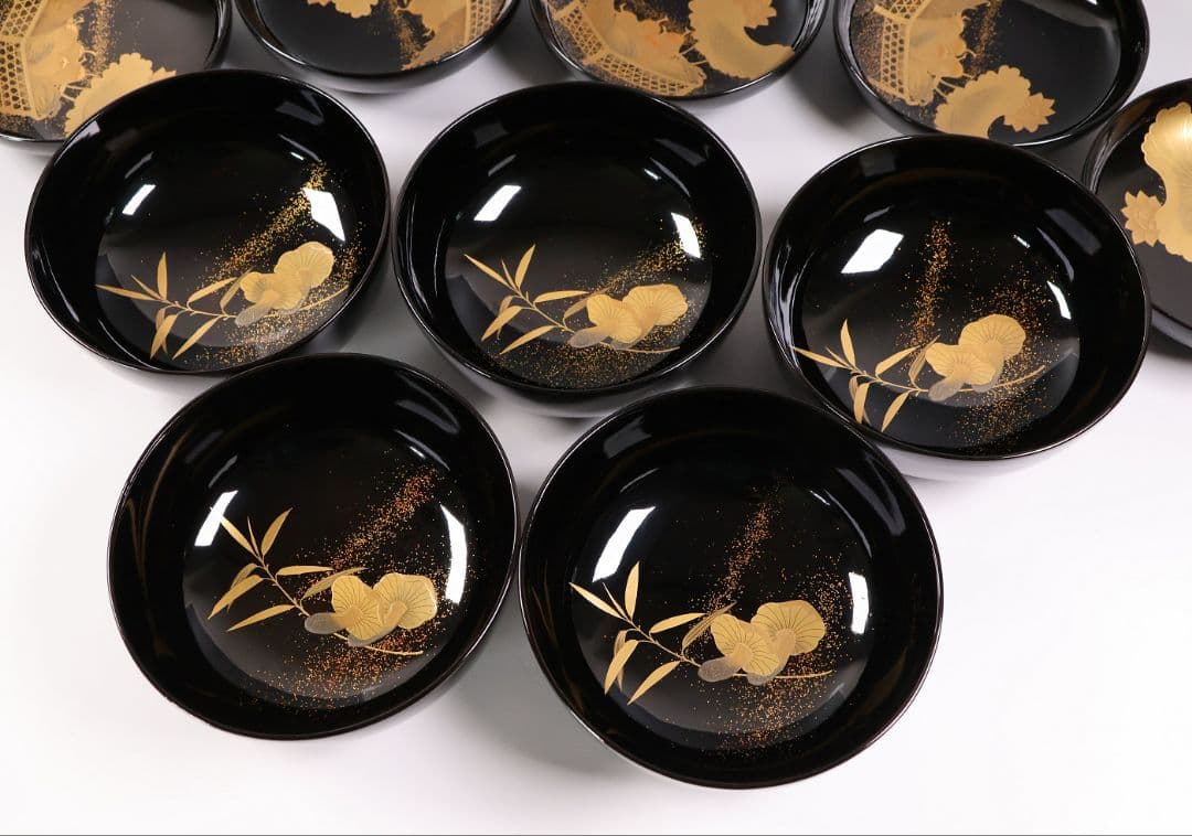 【CM412】天然木漆塗 加賀蒔絵 蓮と野菜金蒔絵 黒煮物椀 五客 漆器 昭和期