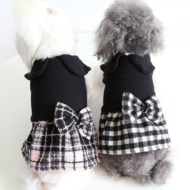 0271-1犬服ドッグウェアペット服温かいチェック柄ワンピースリボン