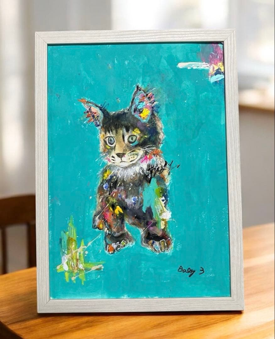 【T】猫　アクリル画　　A4サイズ額装付き　BAEZ3