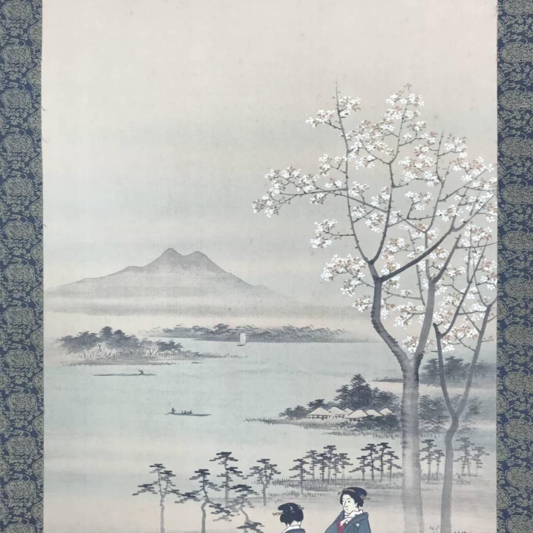 【複製】初代廣重/墨提花見二美人図/工芸品/掛軸☆宝船☆AB-589
