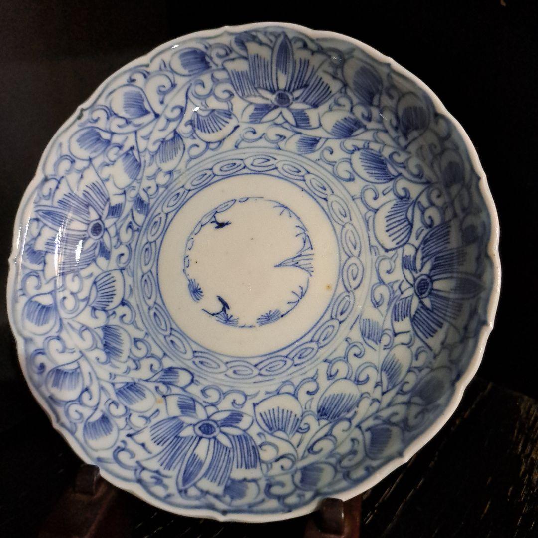 江戸中期　乾隆年　古伊万里　線画華唐草図　五寸皿　向付　膳皿　輪花　五客セット