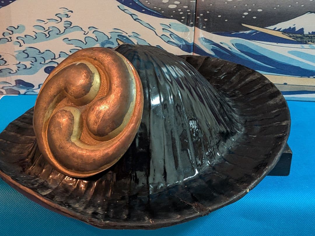 江戸時代中期〜後期頃黒漆塗り武家旧家蔵出し肥後熊本藩領陣笠前立て改良型当時物