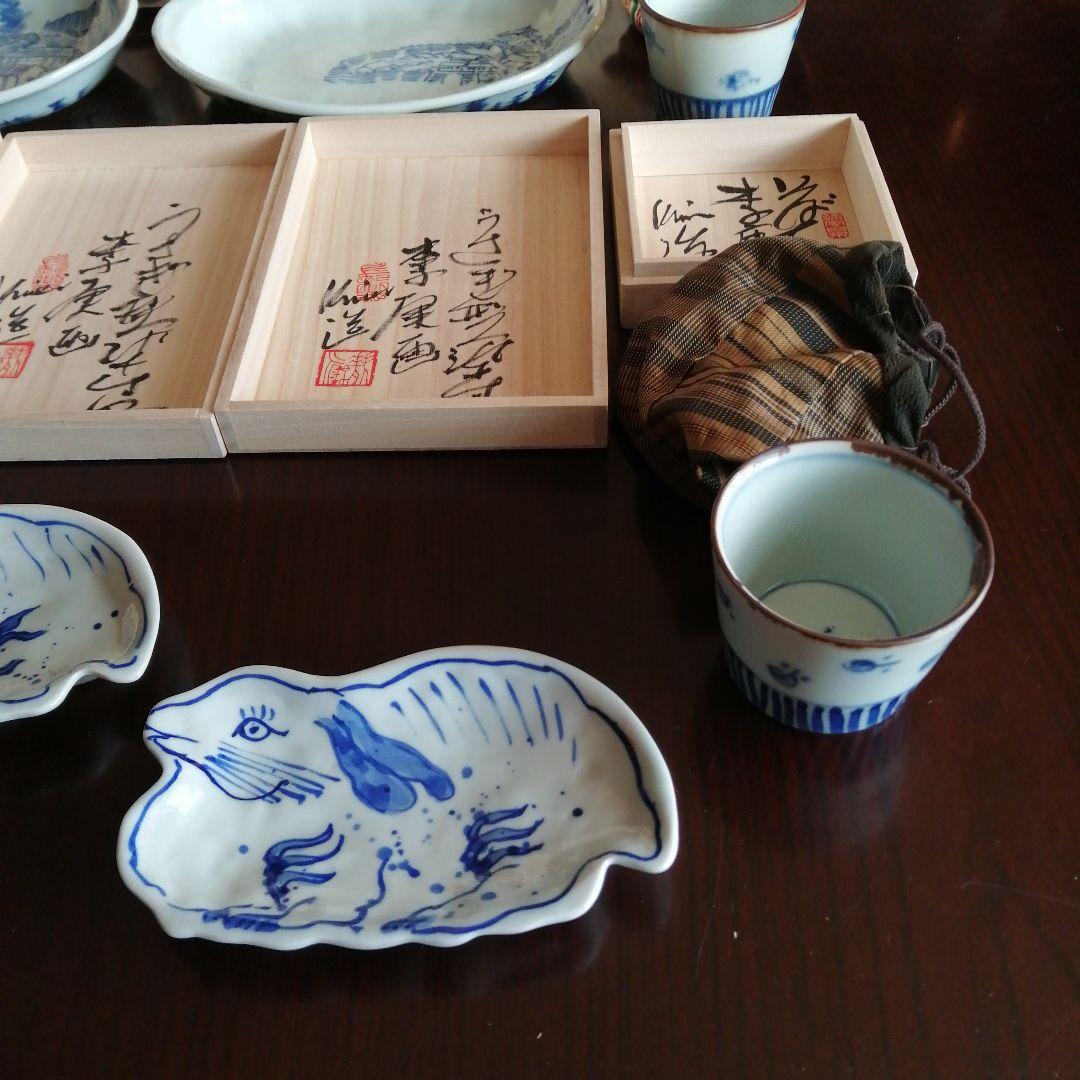 水墨画家　李庚　染付皿・蕎麦猪口7個まとめ売り