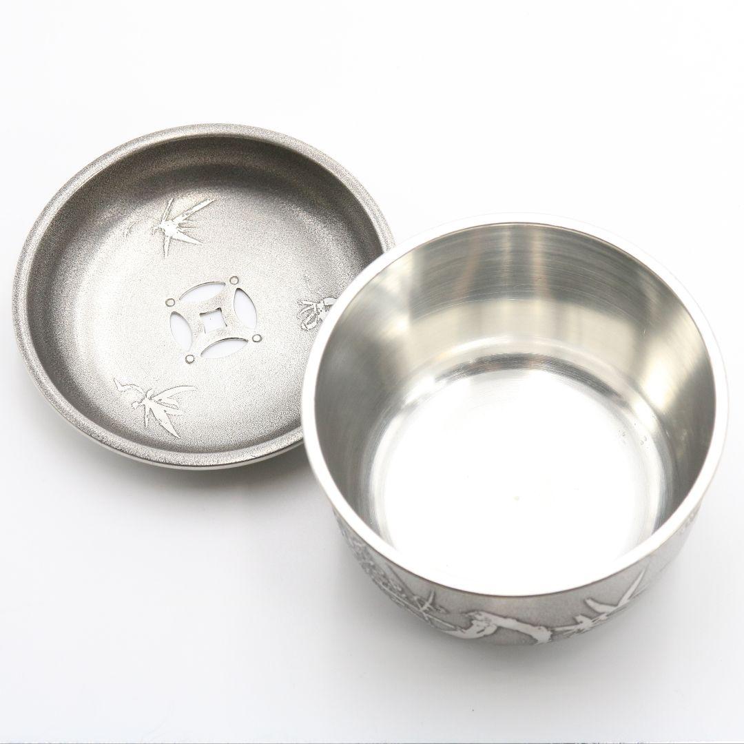大丸精製 四君子文茶こぼし 七宝透蓋 錫製建水 煎茶道具 約288g　M257
