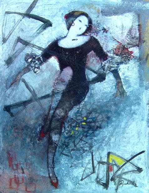 油絵 菅家令子 絵 絵画インテリア額付(青緑＋金色の枠) F6-212023女性
