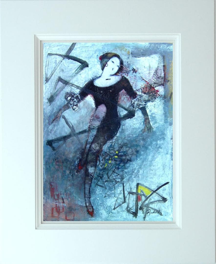 油絵 菅家令子 絵 絵画インテリア額付(青緑＋金色の枠) F6-212023女性