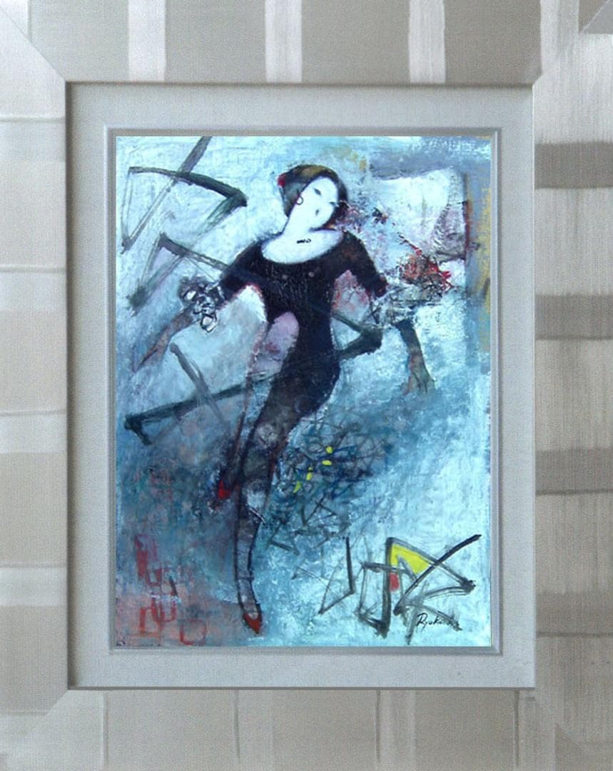 油絵 菅家令子 絵 絵画インテリア額付(青緑＋金色の枠) F6-212023女性