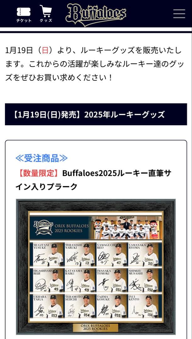 オリックスバファローズ ルーキー直筆サイン入りプラーク